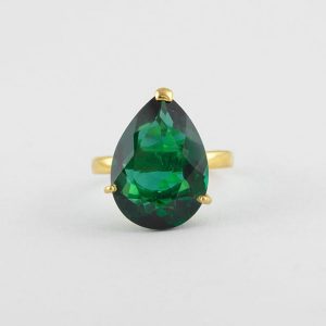 Emerald Quartz 12x16mm Pear Gemstone Gold Plated 925 Silver Ring