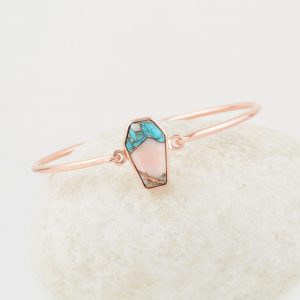 Pink Opal Copper Turquoise 10x17mm Coffin Gemstone 925 Silver Bangle Bracelet