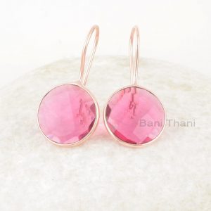 Pink Tourmaline 15mm Round Gemstone Drop Rose Gold Plated Silver Earrings