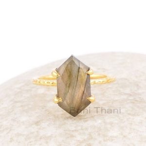 Labradorite 8x15mm Hexagon Gemstone Gold Plated 925 Silver Ring