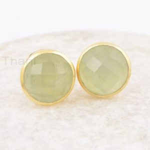 Green Prehnite 9mm Round Gemstone Micron Gold Plated Silver Stud Earring