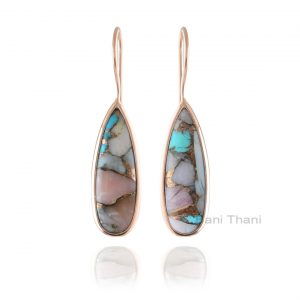 Pink Opal Copper Turquoise 8x25 mm Pear Shape Gemstone Silver Drop Earrings
