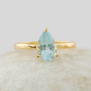 Aquamarine Ring, Solid Gold Plated 925 Silver Engagement Ring, Pear Aqua Gemstone Ring, Custom Handmade Jewelry, Promise Ring for Mom