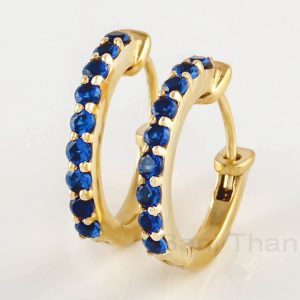 Blue Sapphire Hoop Earring, 18k Gold Plated Solid Silver Earring, 1.8mm Round Shape CZ Gemstone Earrings