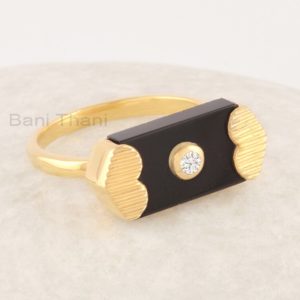 Black Onyx Women Ring, 8x13mm Gemstone Hexagon Ring, 925 Sterling Silver 18k Gold Plated Ring