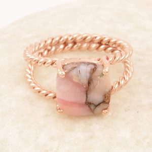 Twisted Band Pink Opal Copper Ring, 10mm Cushion Shape Gemstone Ring, 925 Sterling Silver Ring, Rose Gold Plated Ring